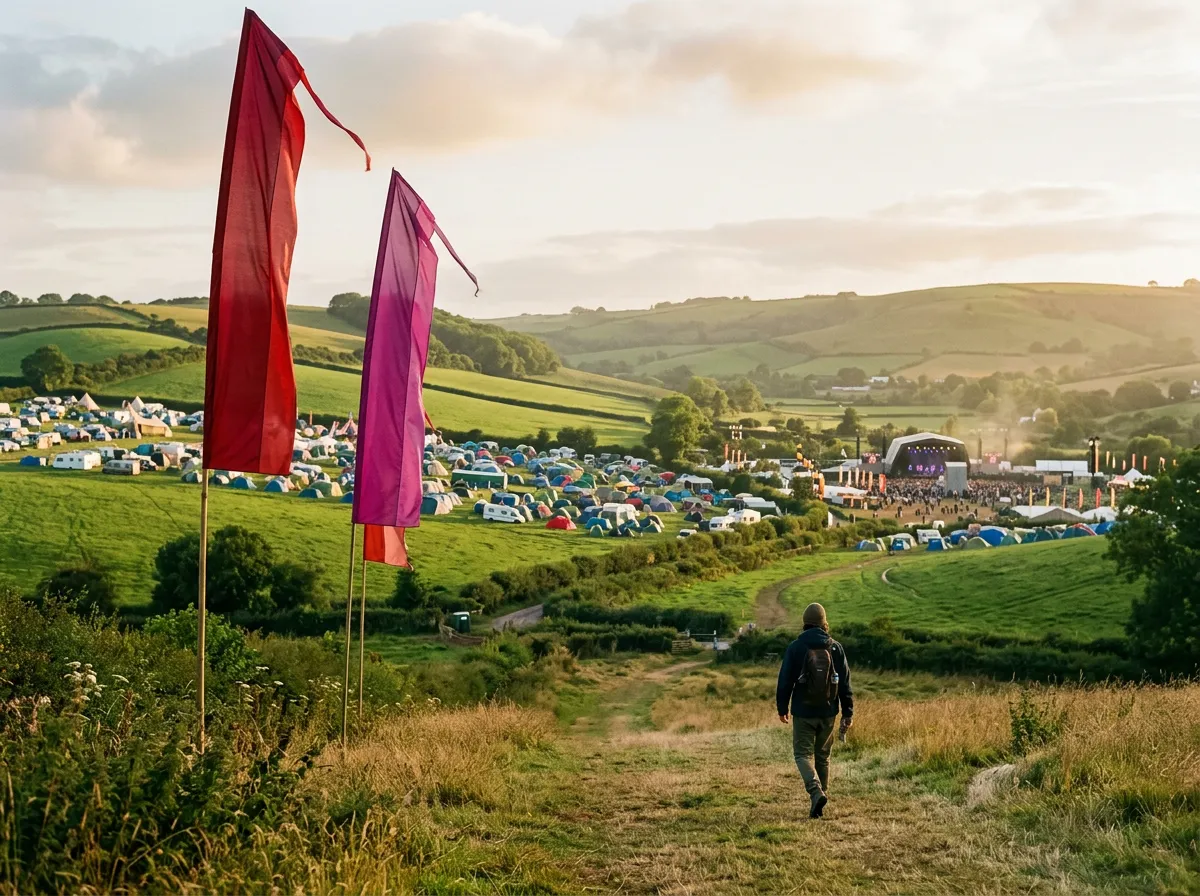Festival site in rolling countryside at golden hour